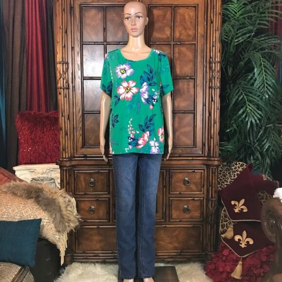 Iman Green Tropical Floral Print Jersey Top - Picture 7 of 16